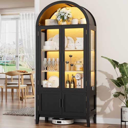 BROTTAR Glasvitrine mit LED Beleuchtung, Gewölbte Vitrine mit Intelligente Sensorik, Sideboard, Küchenschrank, Vitrinenschrank für Wohnzimmer Schlafzimmer Büro Sammlervitrine, Schwarz
