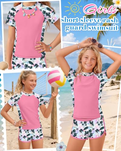 Image of Xaatren Girls 2 Piece Rash Guard Swimsuit | Quick Dry Bathing Suits, Short Sleeve Floral Beach Swimwear, Summer Tee and Boyshort Sets, Protection, Hawaiian, 7-16 Year