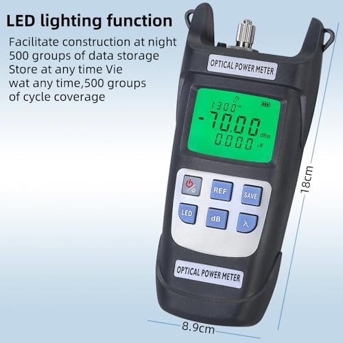 Qilnyeh Glasfaser-Leistungsmesser, hochpräziser Glasfaserkabeltester -70 dBm ~ + 10 dBm mit LED-Licht, optischer Leistungsmesser OPM mit 10 Wellenlängenspeicher (Grau)