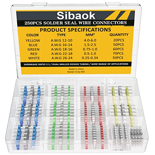 Sibaok 250PCS Solder Seal Wire Connectors, Marine Grade Waterproof Wire Connectors Kit, Heat Shrink Butt Connectors, for Marine Automotive Wire Crimp Terminals, Butt Splice (250)
