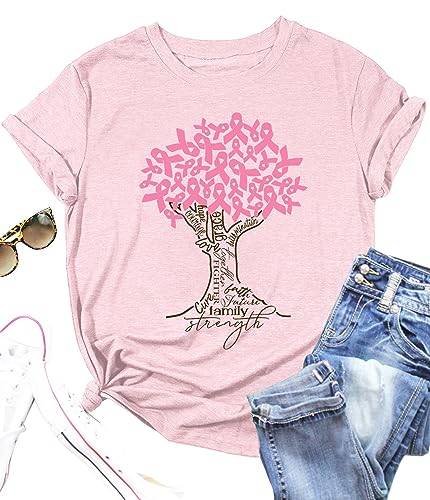 Breast Cancer Shirts for Women Breast Cancer Awareness Shirt Pink Ribbon Tree T-Shirts Cancer Support Short Sleeve Tops
