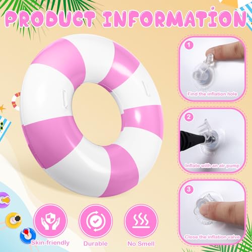 WinnerWhy 3 Pcs Large Swim Ring with Handles Set 47.24" 39.37" 35.43" Inflatable Pool Inner Tube Classic Striped Pool Ring Floats for Adults Teens Summer Lounger Beach Party Supplies (Pink, White) by WinnerWhy - Used condition - Image 4