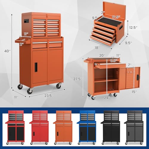 Image of Goplus Rolling Tool Chest, 5-Drawer Tool Box Organizer w /Lockable Wheels & Sliding Drawers & Detachable Top & Adjustable Shelf, Tool Storage Cabinet for Garage Workshop (Orange)