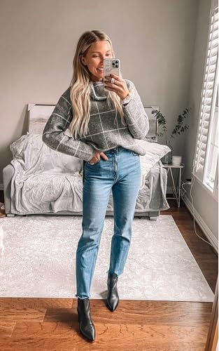 Image of ECOWISH Women Fall Pullover Sweater Turtleneck Plaid Long Sleeve Loose Casual Chunky Checked Knit Winter Sweaters Jumper Tops