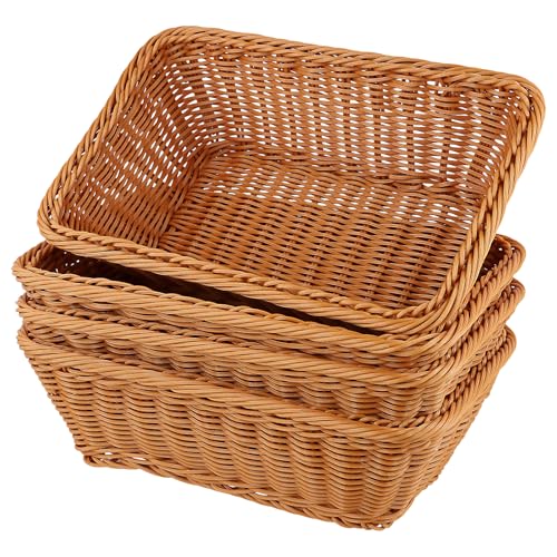 FUNSUEI Lot de 4 corbeilles à pain rectangulaires en plastique, paniere a pain, 30 x 20 x 10 cm, Pour pain, fruits, cuisine, Marron