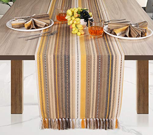 Salsa Stripe Table Runner with Fringes, Table Runners for Family Gathering, Farmhouse Table Runners,Tailored with Mitered Corner and A Generous Hem Easy Care -16x72 Inch- Beige Multi
