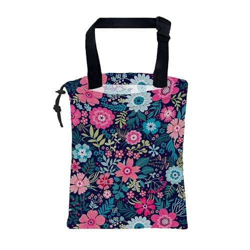 Image of Car Garbage Bag Abstract Blue Pink Flowers Hanging Canvas Car Trash Bag Waterproof Drawstring Car Back Seat Organizer for Car Back Front Seat Console with Adjustable Buckle
