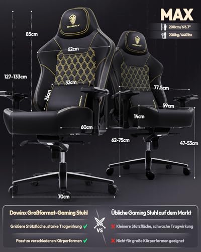 Dowinx Gaming Stuhl 200kg Belastbarkeit Chefsessel, Ergonomischer Bürostuhl mit 4D Armlehnen und Lendenwirbelstütze, Höhenverstellbarer Gaming Chair für Gamer und Esport Schwarz – Bild 3