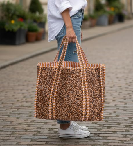 Image of Cotton Tiger Block Print Tote Bag, Indian Handmade Shopping Shoulder Bag, Unisex Market Daily Use