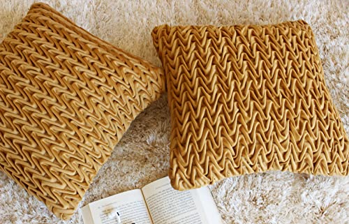 Image of Monstera Hut Corded Wavy Suede Mustard Cushion Cover Pack of 2, (Cushion Cover 16x16inch) (40.6 x 40.6 cm)