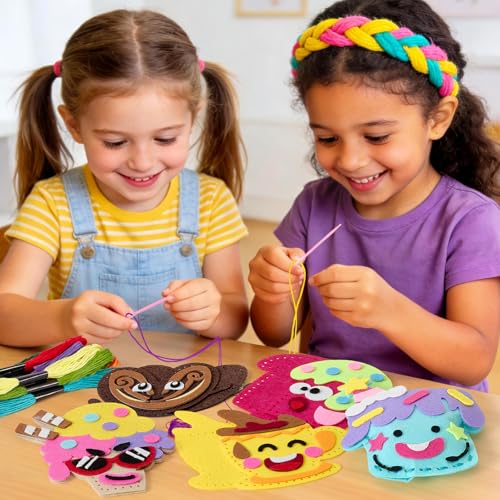 Image of Toylink DIY Sewing Kit for Kids Ages 4-12, 12 Dessert Felt Craft Kit with Pre-Punched Holes, Blunt Plastic Needles, Cotton Stuffing - First Sewing Kit STEM Learning Toys for Girls Boys Birthday Gift