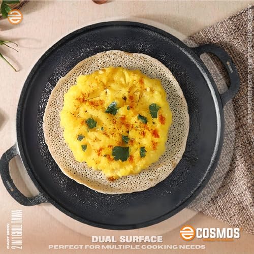 Image of E-COSMOS 2-in-1 Cast Iron Reversible Grill & Tawa Pan | 30 cm Dual Surface Cookware | Non-Stick Coating | Gas, Induction, & Oven Safe | for Roti, Dosa, Grilling Steak, Fish (2 in 1 Grill Tawa)