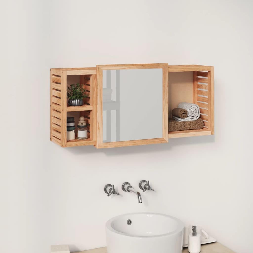 Spiegelschrank 80x17x34 cm Massivholz Nussbaum - Eleganter Badezimmerschrank mit Schiebespiegel und 3 Fächern - Wandmontierter Badschrank für Badzubehör und Kosmetik