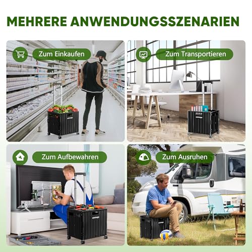 LDHTHOPI Einkaufstrolley klappbar 65L,MAX 50KG Trolley mit Teleskopgriff,4 Zerlegbaren Drehbaren Rädern,100 x 42 x 37 Hohe Kapazität Einkaufstrolley,für Einkaufen Picknick Aufbewahrungskiste,Schwarz