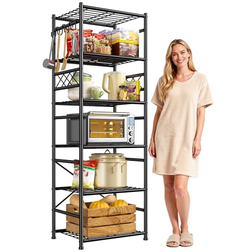 Image of DurayLoly Storage Shelves 6-Tier Metal Shelving Unit with Hooks,Heavy Duty Garage Shelving with Leveling Feet,High Standing Shelf Organizer for Kitchen Pantry Bathroom Dorm,17.7 inchWx11.8 inchD x72.2 inchH,Black