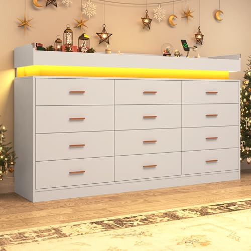 Image of jiteentarou 12 Drawer Dresser with Charging Station and LED Lights, Modern Chest of Drawers with Power Outlet, Organizer Cabinet for Bedroom, Living Room, Entryway, White
