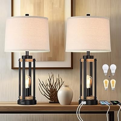 Altgedecor Farmhouse Table Lamps for Living Room Set of 2, 26” Rustic Beside Lamps with USB Charging Ports and Night Light, Bedroom Nightstand Lamp Vintage Reading Lamps for End Table,Bulbs Included