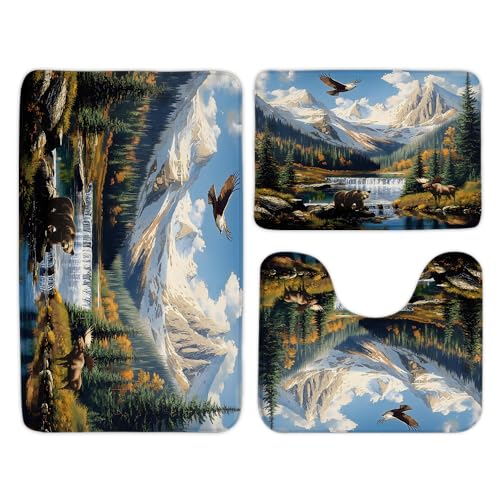 RJSMRJ 3 Pcs Bath Rugs Set Forest Bear Deer Bath