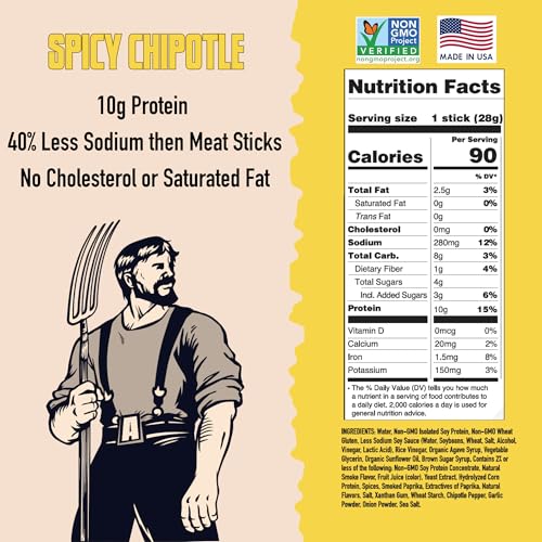 Image of Spicy Chipotle Vegan Jerky Sticks, High Protein Plant Based Snack, 7 Sticks | AGRO POWER Jerky Sticks, High Protein, Non-GMO, Low Sodium, No Cholesterol, Meatless Healthy Snack for Lunch, On-the Go Fuel