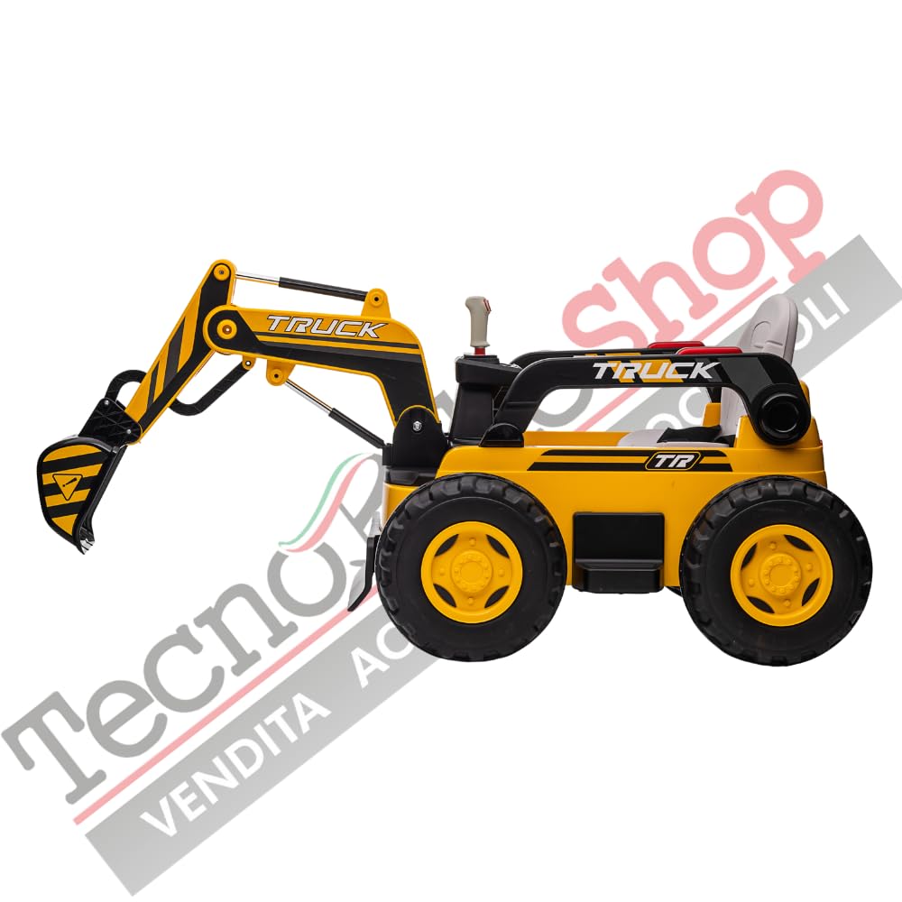 Tecnobike Shop Trattore Escavatore Elettrico Braccio Meccanico Per Bambini 12V con Radiocomando Luci LED Lettore Mp3