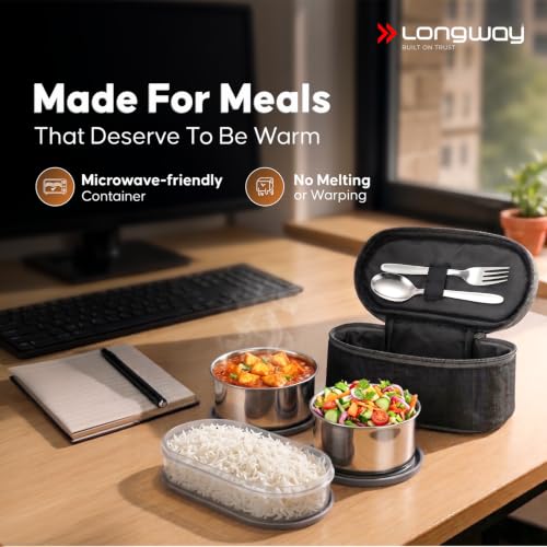 Image of LONGWAY Craveo Stainless Steel Lunch Box with 3 Containers | 2 Round 300ml Each & 1 Oval 500ml | Airtight & Leak Proof with Spoon | Food-Grade Steel Lunch Box for Office, School & College (Black)