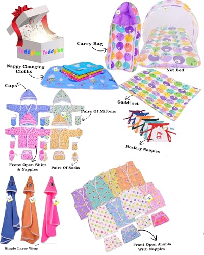 Image of Toddylon 56 in 1 New Born Baby Products All | Gift Packs | Maternity Kit | Baby Clothes | Baby Bedding Set | Essentials Items | Baby Shower | Combo Pack | Infants (Multicolor, 0-6 Months)