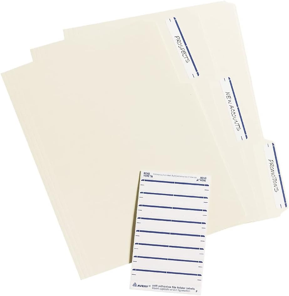 ច្រើន។ file folders with Avery labels and a sheet of labels
