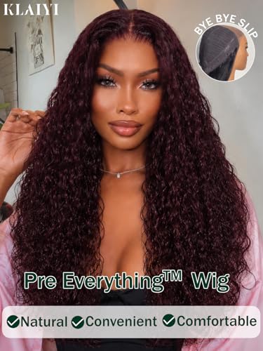 Image of KLAIYI Bye Bye Slip Black Cherry Water Wave Pre Everything Glueless 13x4 Lace Frontal Wigs Human Hair Burgundy Drawstring Curly Pre Plucked Bleached Knots 3S Ready to Wear and Go Beginner Wig 26Inch
