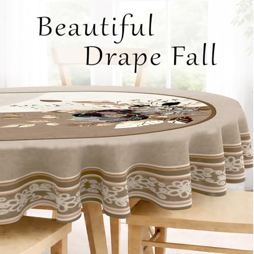 Image of Cloth Fusion Velvet Floral Oval Shape Dining Table Cover Cloth 6 Seater with Stunning Gold Foil Design for Home Decor (60x90 Inch, Taupe)
