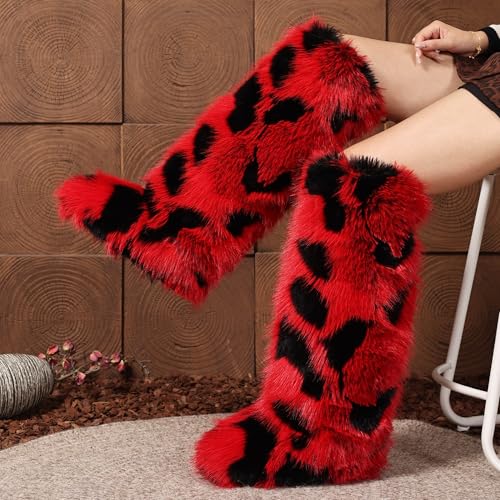 Women Faux Fur Furry Boot Fluffy Knee High Snow Boots Round Toe Suede Comfy Warm Fuzzy Flat Long Shoes Winter For Girl4