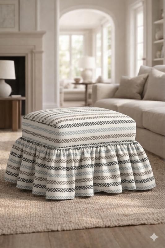 Skirted Pouffe Cover 22x22x18 Inch Neutral Aztec, Tailored Pleated Slipcover with Frill, Square Footstool Pouf Cover for Living Room Decor, Machine Washable, THROWPILLOW-image-24