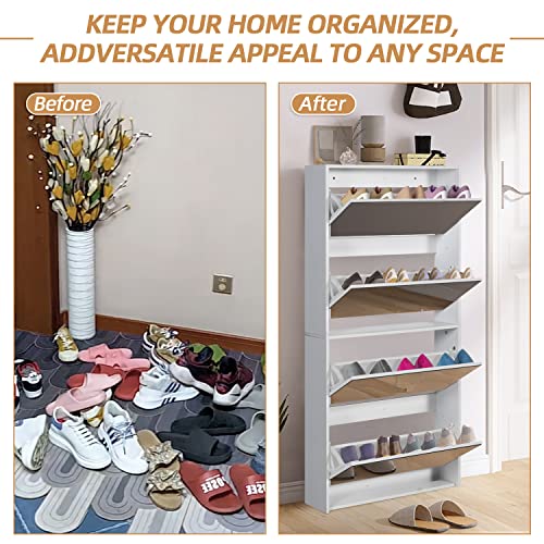 Shoe Storage Cabinet For Entryway Slim, White Wood Shoe Rack Organizer With 4 Flip Mirror Drawers, Freestanding Modern Narrow Shoes Storage Cabinet, Apartment, Living Room #TOP7