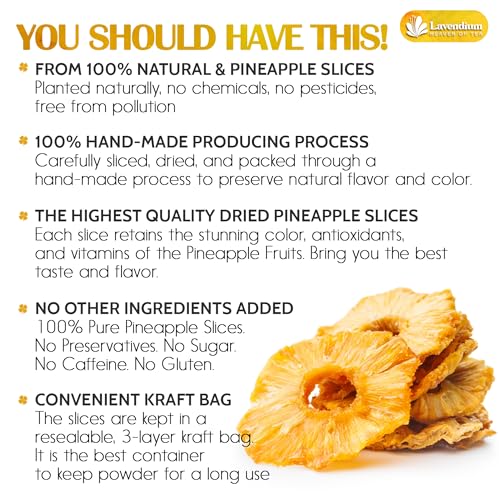 Image of Lavendium, Premium 6oz Dried Pineapple Slices, 100% Natural & Pure Pineapple, No Additives or Preservatives, Non-GMO, Plant-Based & Vegan, Perfect for Snacking, Baking & Smoothies