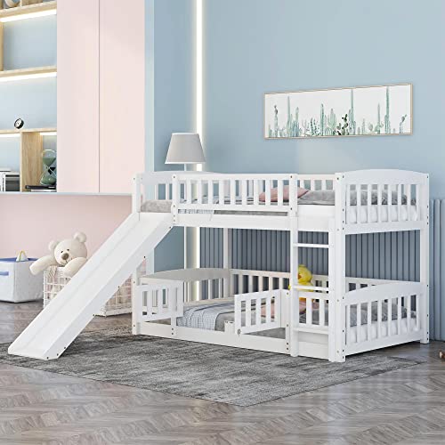 Harper & Bright Designs Low Kids Bunk Bed with Slide, Twin Over Twin Bunk...
