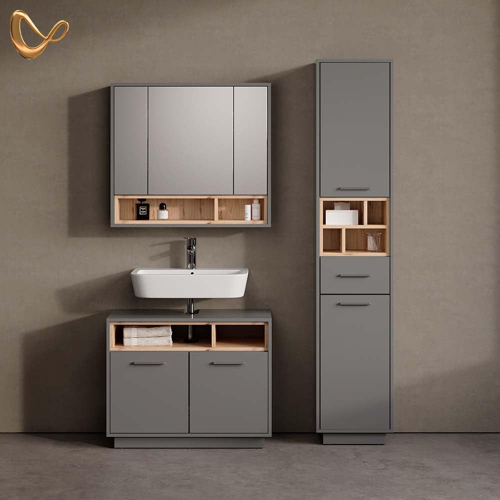 Livinity Badmöbel-Set Temo, Anthrazit, 3 Teile, mit Hochschrank