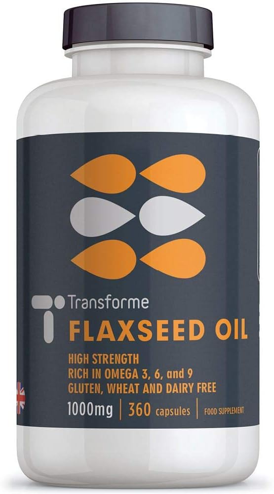 Transforme Flaxseed Oil Capsules 1000mg, Cold Pressed Omega 3 6 9, 365