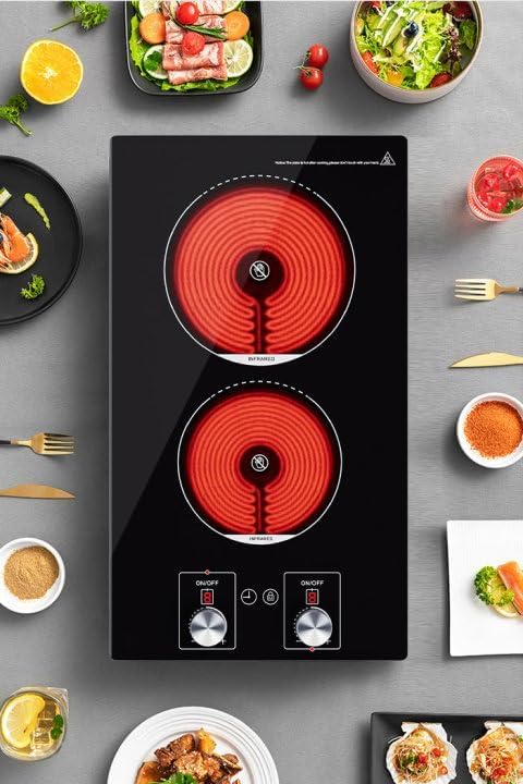 Image of ADVWIN 2 Burner Electric Cooktop,110v Electric Cooktop 1800W with Knob Control,12 Inch Countertop & Built-in with Child Safety Lock, Timer, 9 Power Levels and Over-Temperature Protection