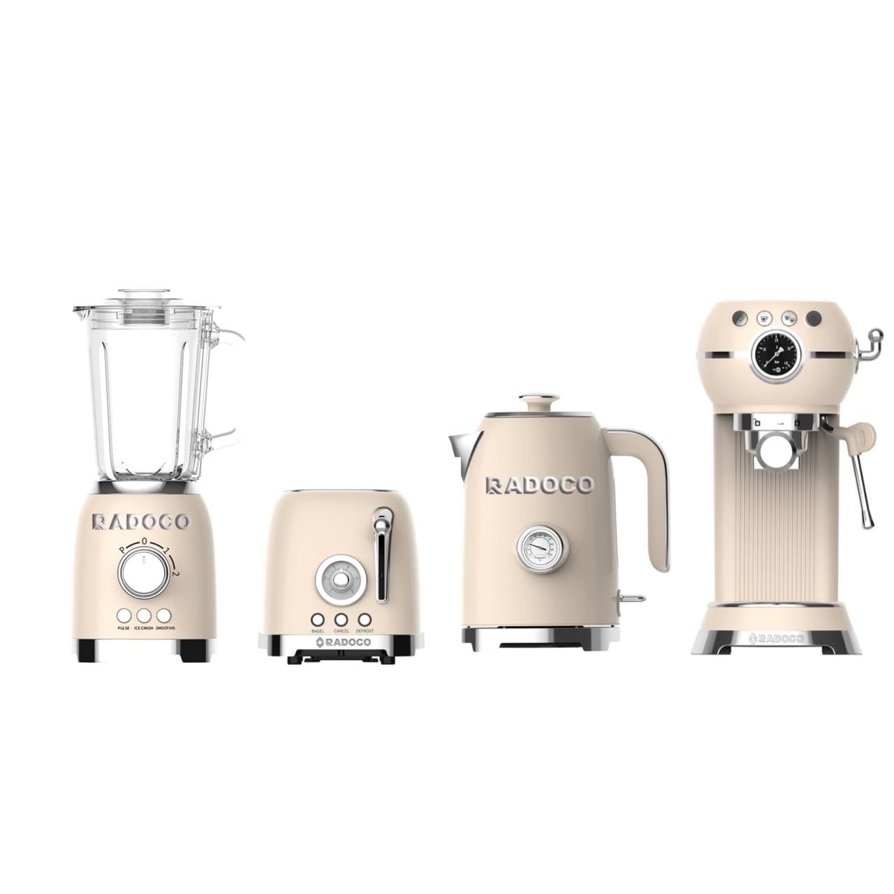 Retro Breakfast Set, Kettle 1.7L, 2-Slice Toaster, Espresso Machine, Blender, Stainless Steel, Glossy Cream, 2-Year Guarantee