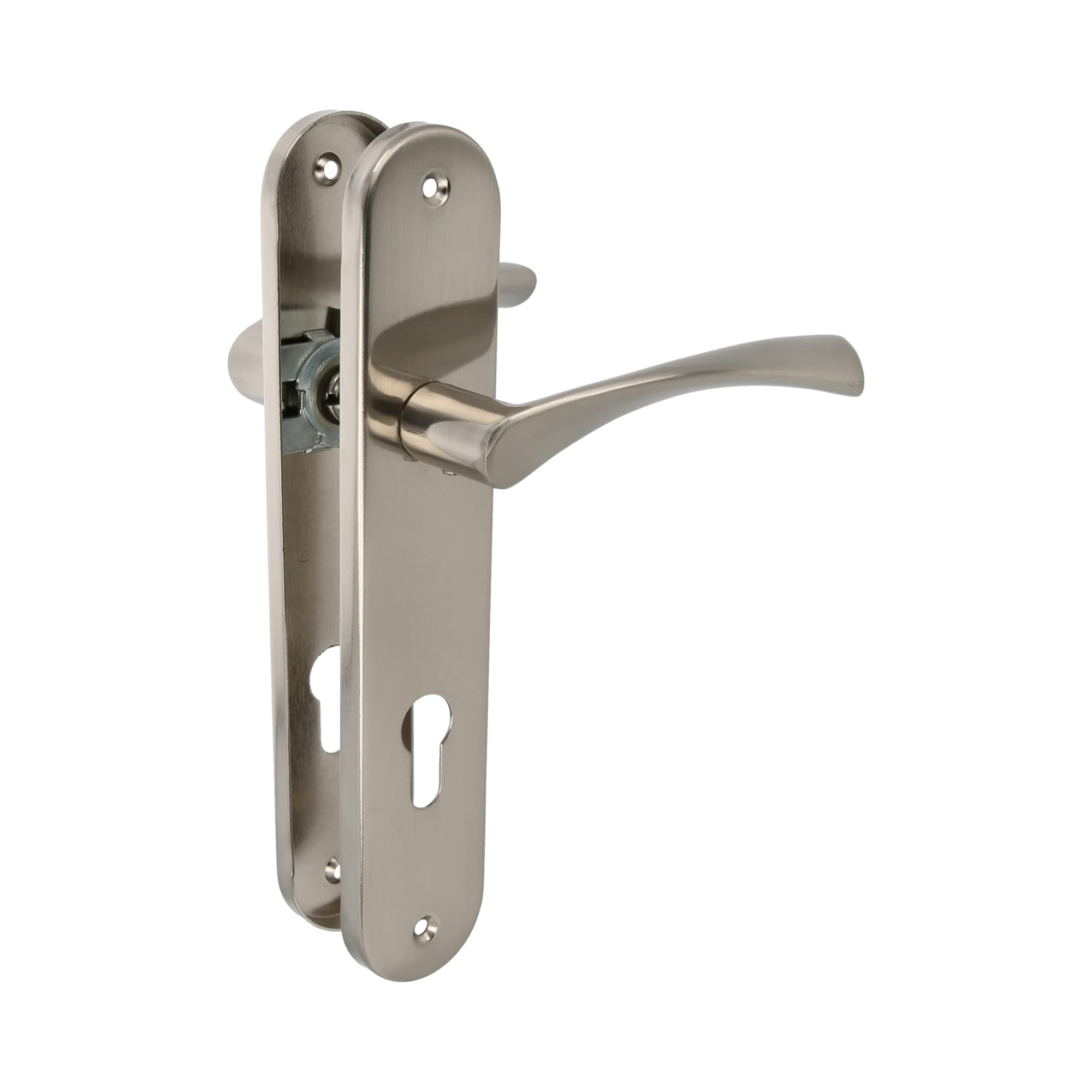 Amig Metallic Silver - Set Of Handles With Steel Plate For Doors | Ishi Pb85 | 240 X 45 Mm | 8 Mm Square | Elegant And Simple Design | With Key | Brushed Nickel Aluminium