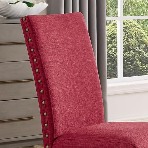Image of Roundhill Furniture Biony Fabric Dining Chairs with Nailhead Trim, Set of 2, Red
