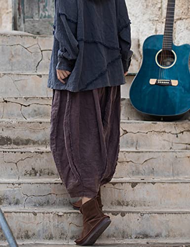 NFYM Women Wide Leg Elastic Waist Cotton Linen Distressed Patchwork Pumpkin Style Wide Leg 3/4 Length Cropped Pants4