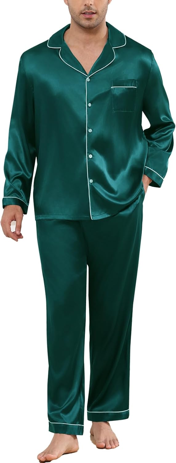 Veseacky Mens Silk Satin Pajamas Set Short Sleeve Sleepwear Button-Down Pjs Sets Two-Pieces Loungewear with Pockets S-XXL