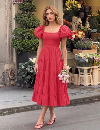 Image of ZESICA Women's 2026 Summer Puff Sleeve Midi Dress 2026 Boho Solid High Waist Flowy Beach Wedding Guest Long Dresses