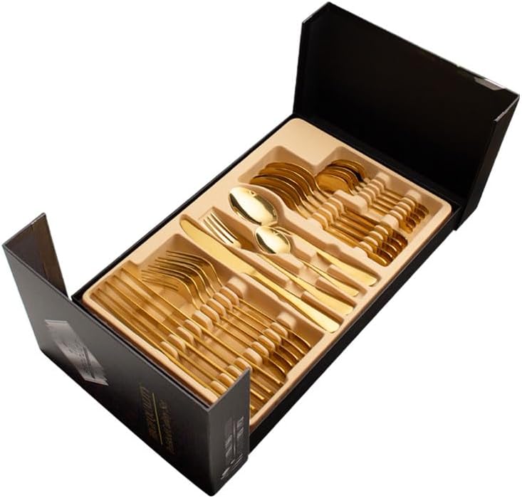 Staninless - Juego de cubiertos de acero (dorado), juego de cubiertos dorados de 24 piezas, juego de servir dorado para el hogar y restaurante, apto