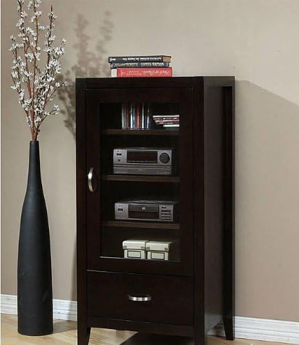 Ikcco Audio Cabinet, Store and protect your stereo in this Axium espresso audio cabinet. Three adjustable shelves behind an elegant glass door offer room for your audio components and media collection, and a lower drawer provides ample storage for cords and peripherals