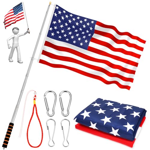Portable Hand Held Flagpole with 3x5 American Flag & 4 Clips 8.2Ft/2.5M Stainless Steel Telescopic US Flag Pole for Carrying Extendable Tour Guide Travel Carry Flag Pole Fit for 3x5 4x6 Flags