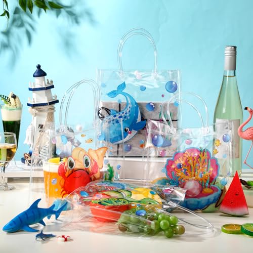 Image of Teenyyou 24 Pcs Sea Animal Party Favor Bags PVC Clear Ocean Gift Bags with Handle for Birthday Party Supplies