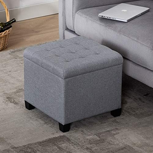 HNNHOME Taboret do siedzenia z miejscem do przechowywania, kostka do siedzenia z pokrywką, skrzynia do siedzenia, podnóżek, skrzynia do przechowywania, len, 44 l, 45 x 45 x 41 cm, jasnoszary