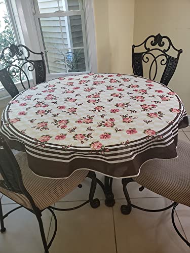 Adonisusa Luana Printed Checkered Tablecloth With Pink Roses And Solid Chocolate Brown Striped Border- 60 Inch Round #TOP2