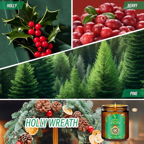 Image of Christmas Candle, Holly Wreath Scented Candles for Home, Holiday Candles Natural Soy Candle, Aromatherapy Candle 7 oz Jar Candles Christmas Gifts for Women Men